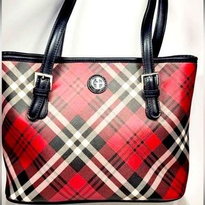 Saffiano Plaid  Tote in a Holiday Plaid/Silver